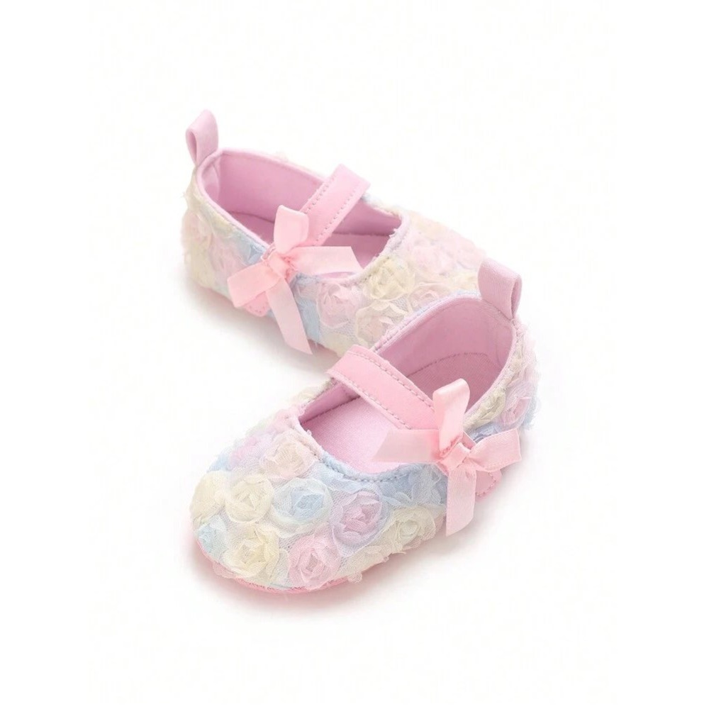 Pastel Floral 3D Rosette Baby Mary Jane Shoes Pink Bow Crib Shoes 11.5cm